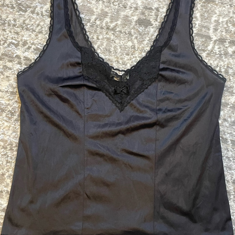 Whispers vintage Black Lace Trim Satin Top